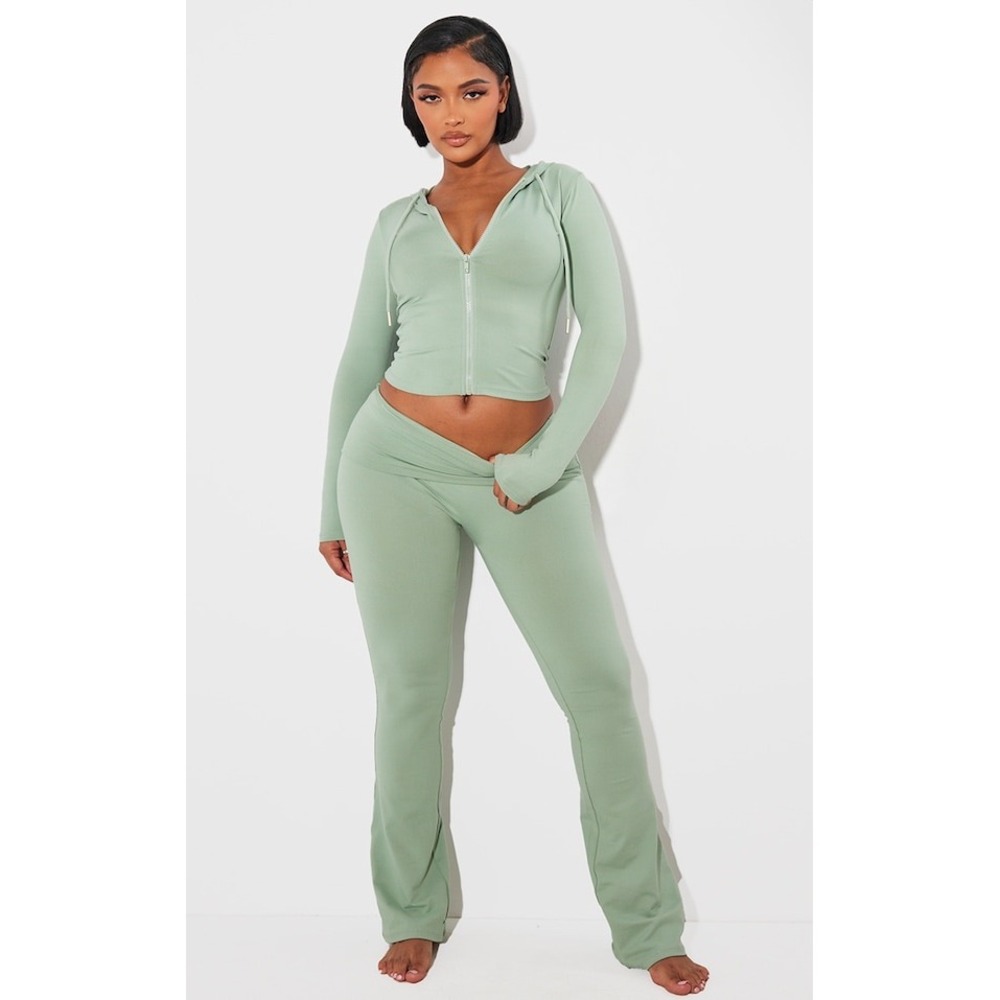 PLT SHAPE Sage Green Sculpted Foldover Waist Flare Trousers, Size 8